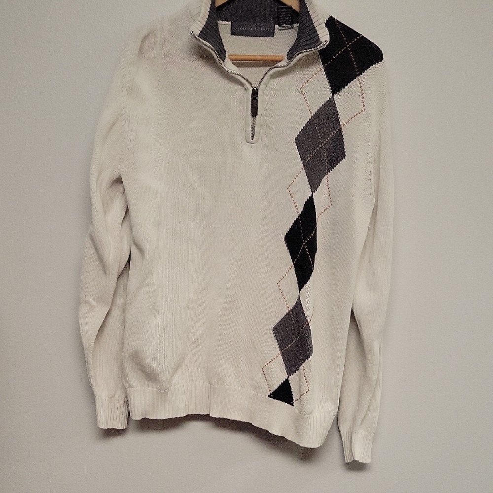 Oscar de la Renta 100% Cotton White and Gray Argyle Zip-Up Sweater